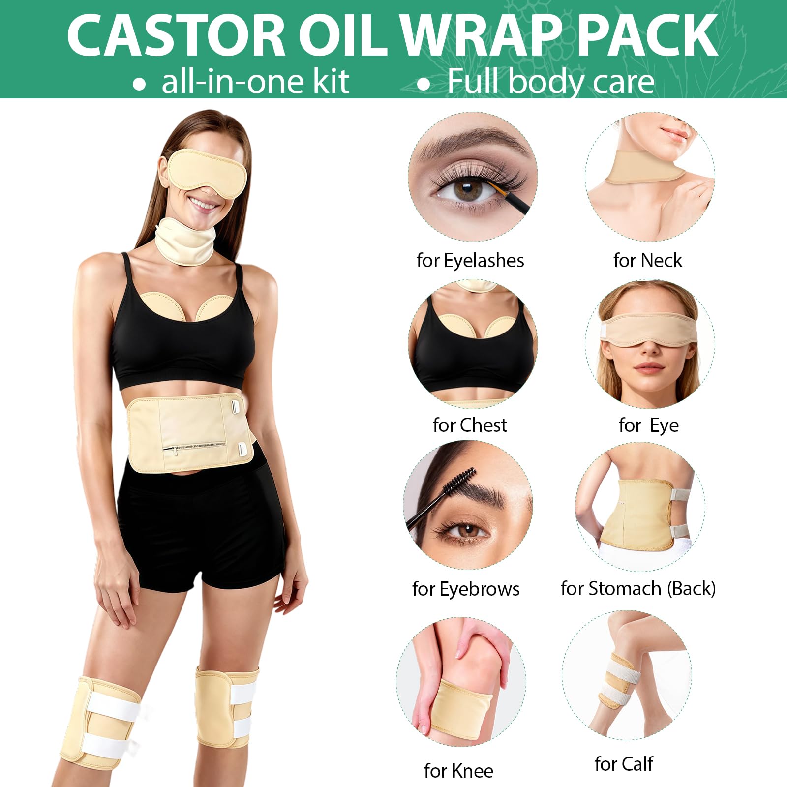 Castor Oil Pack Wrap Full-Body Set – Organic 8 oz Castor Oil, Reusable Cotton Wraps, Leak-Proof & Adjustable