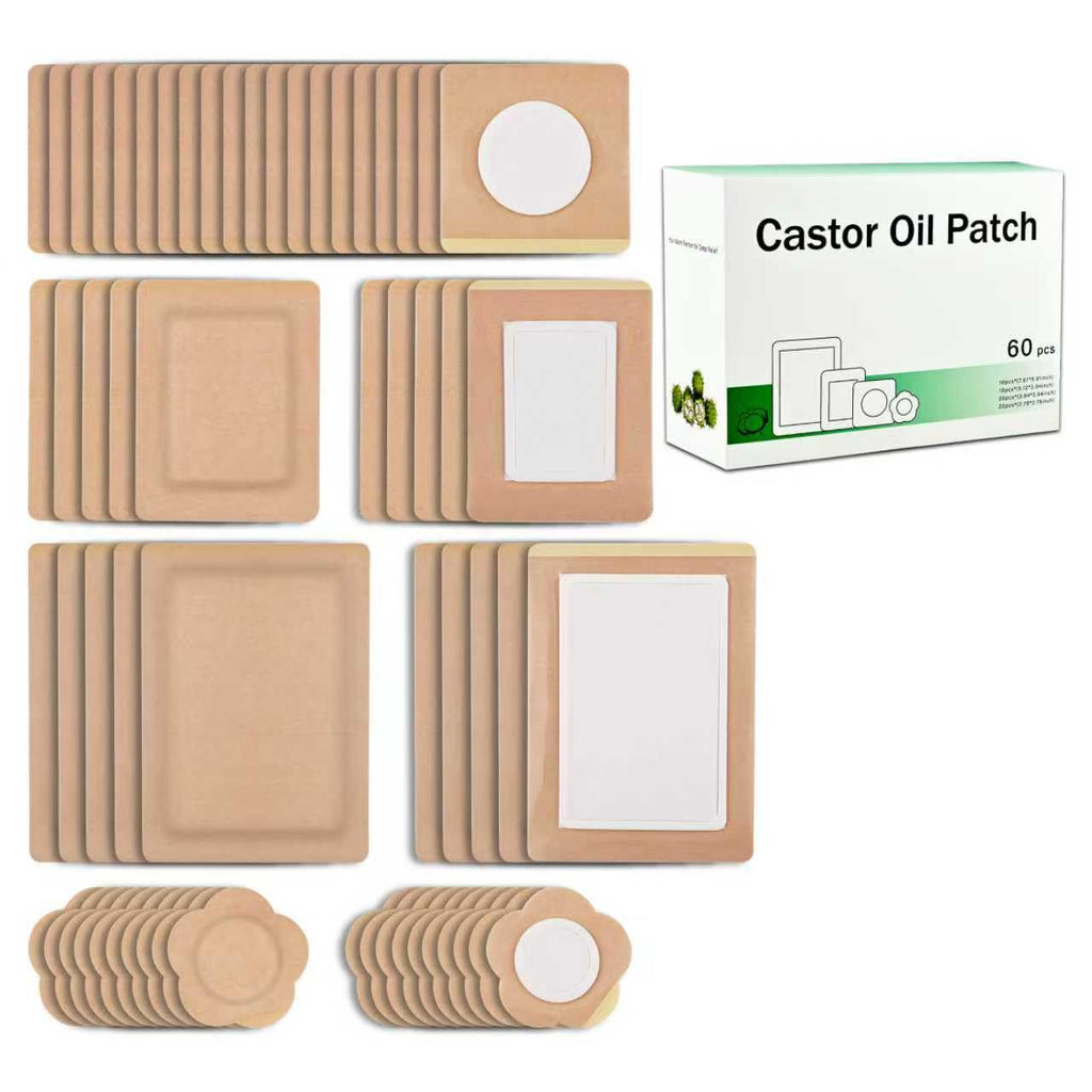 60 Pcs Castor Oil Pack Patches – 4 Sizes, Disposable Self-Adhesive Breathable Organic Cotton Pads