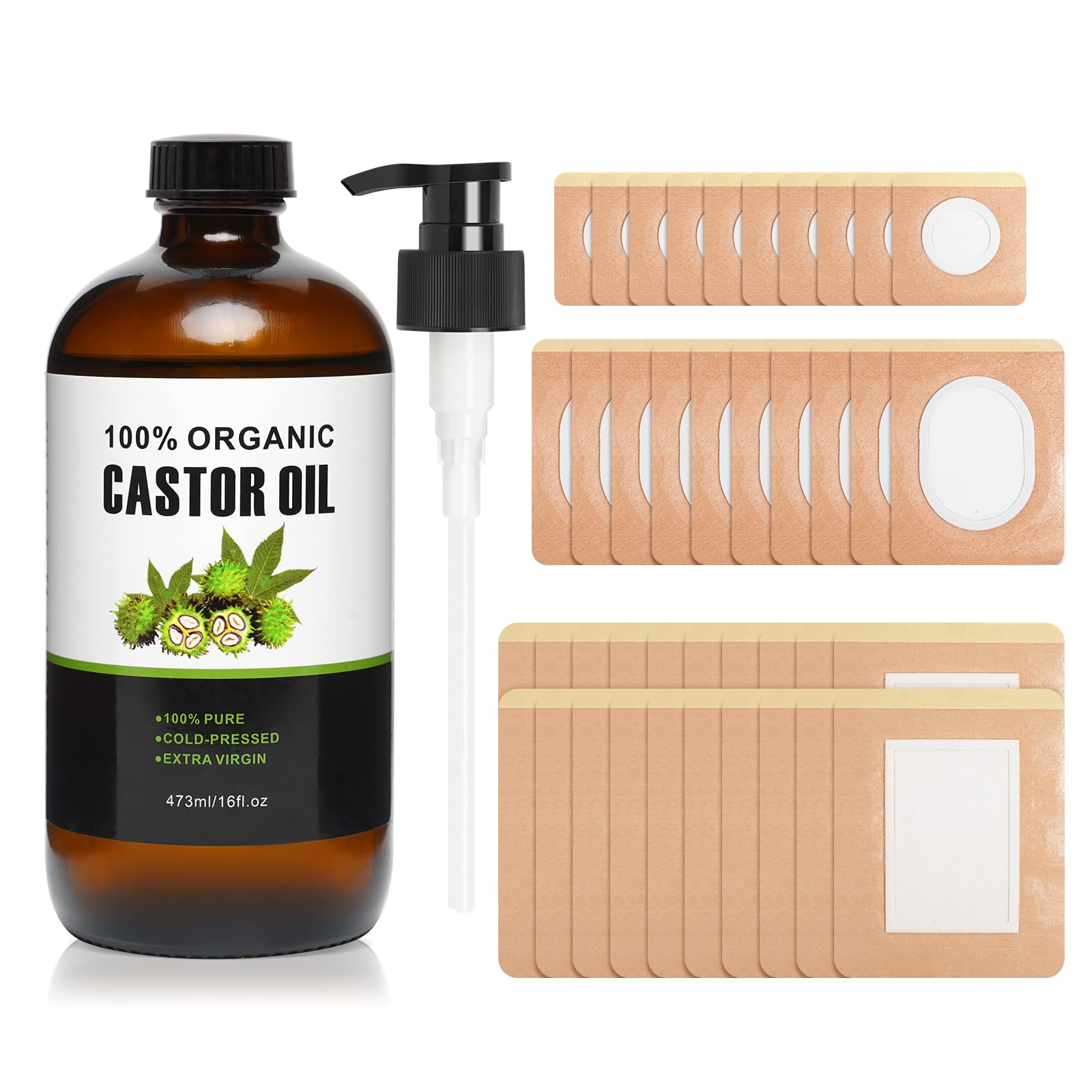 40Pcs Castor Oil Pack Wrap – Organic Cotton Patches, 16oz Amber Glass Bottle