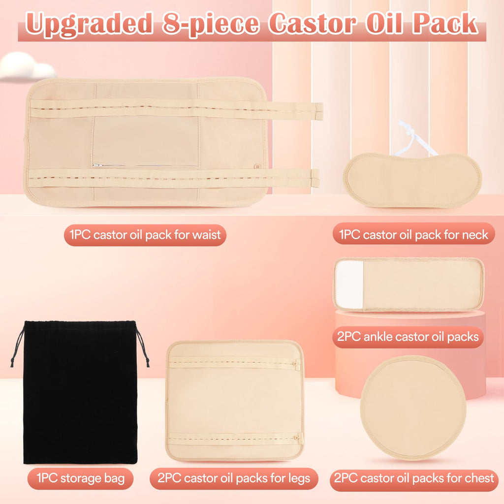 Castor Oil Pack Wrap - 8 Pcs, Reusable Organic Cotton with Adjustable Straps (Khaki)