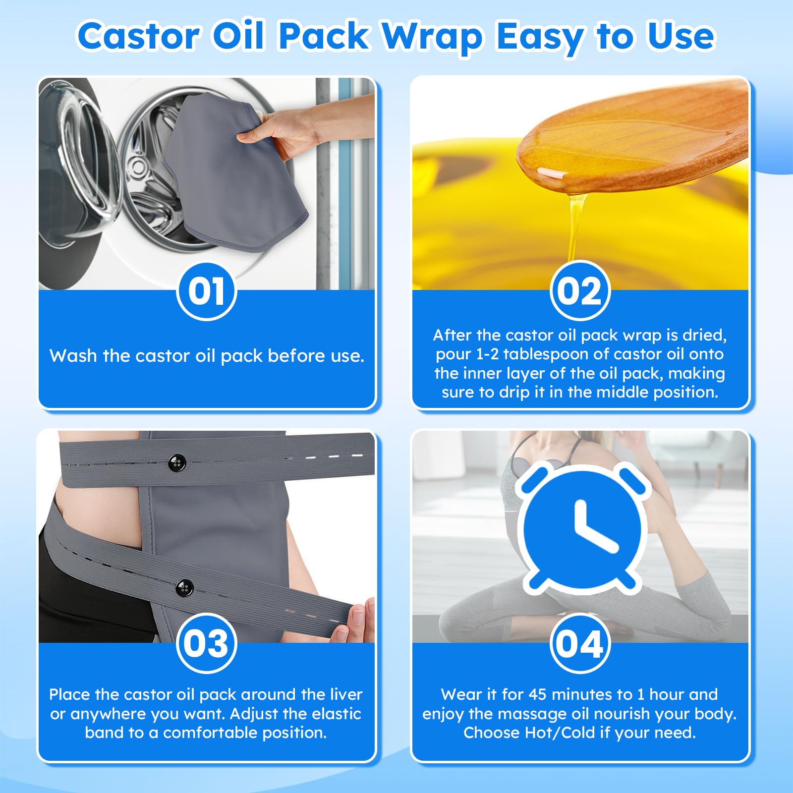 Castor Oil Pack Wrap Kit - 10 Pcs, Adjustable Straps, Reusable Organic Cotton (Gray)