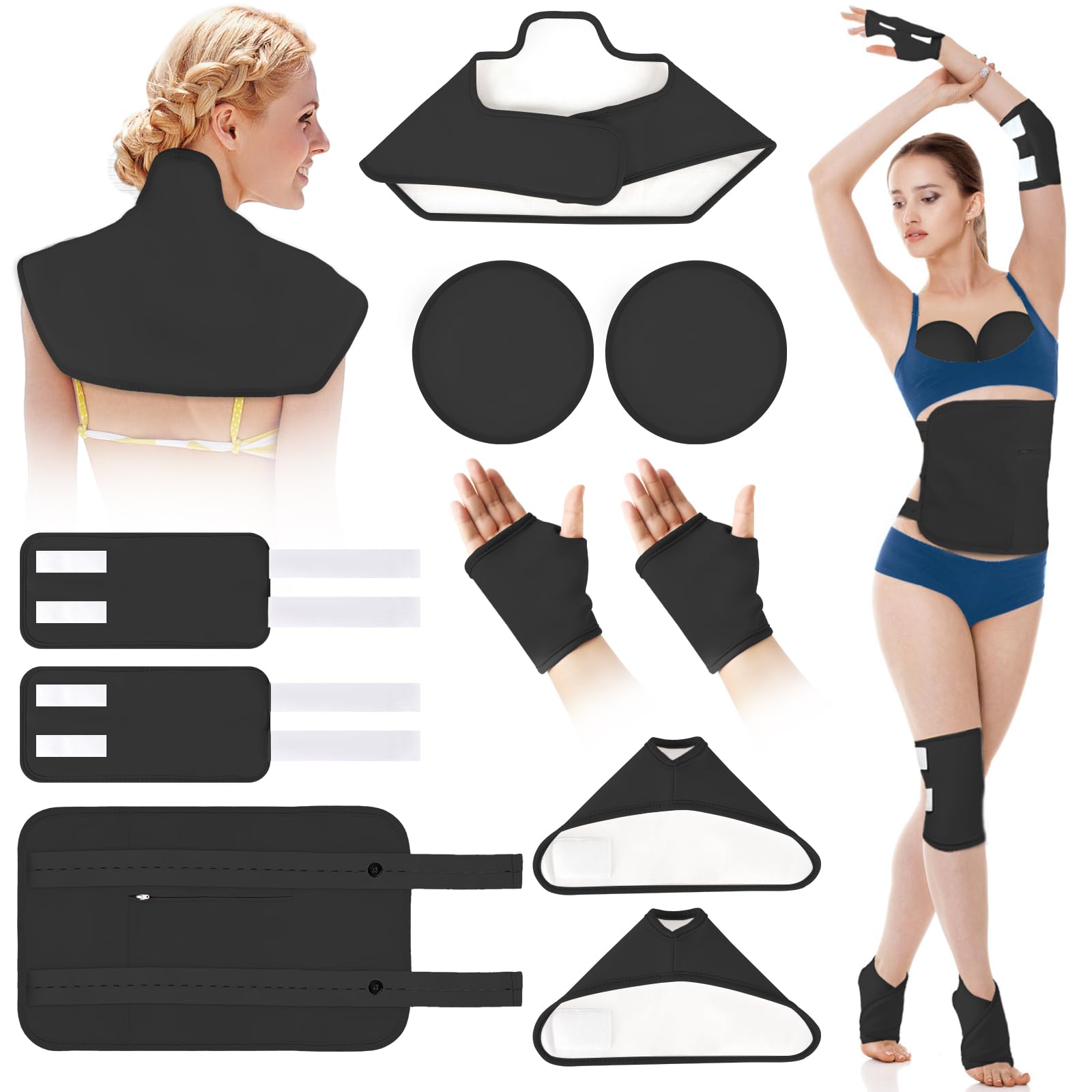 Castor Oil Pack Wrap Kit – 10 Pcs Reusable Organic Cotton with Adjustable Straps (Black)