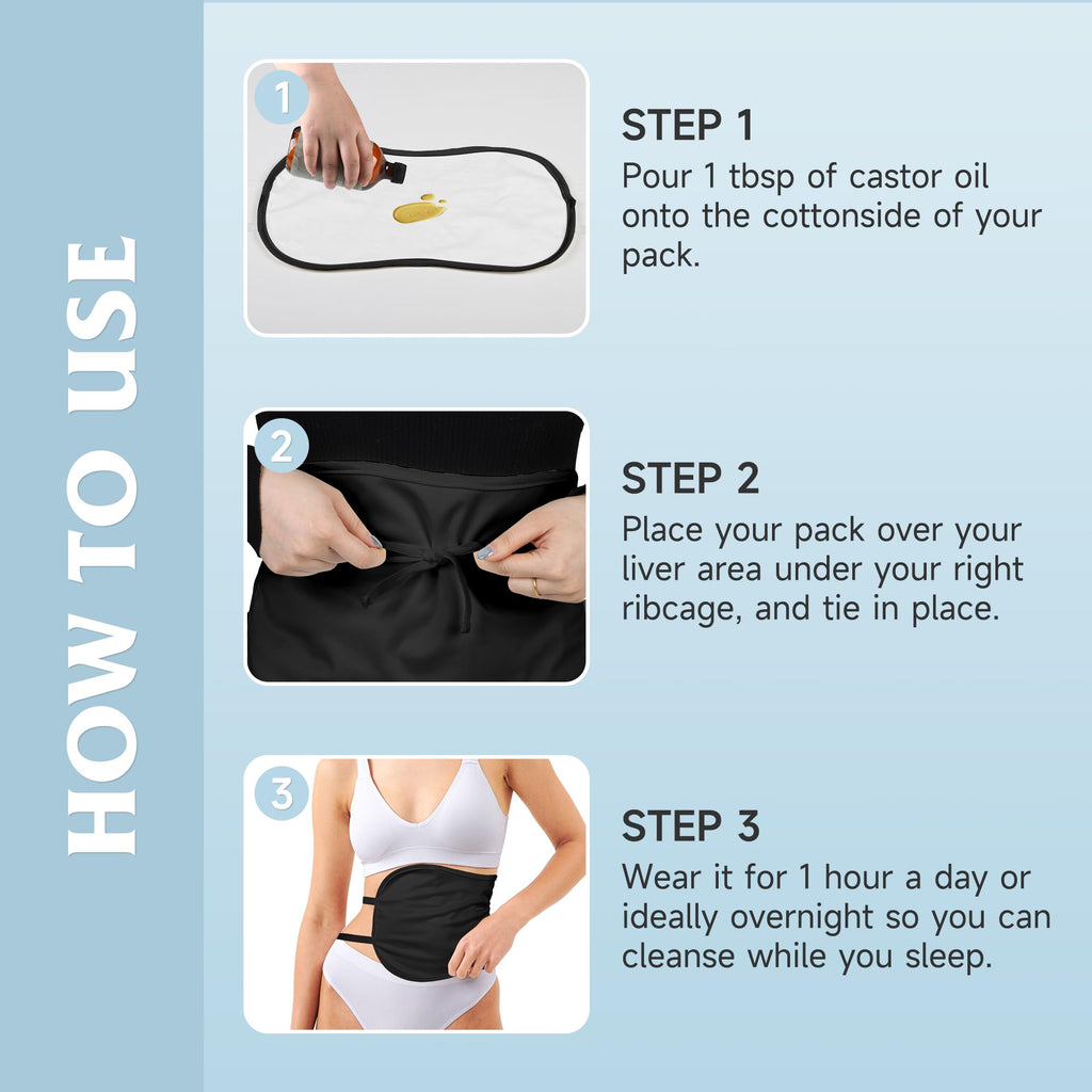 Castor Oil Pack Wrap – Organic Cotton, Reusable Kit for Stomach & Liver Detox (Black)