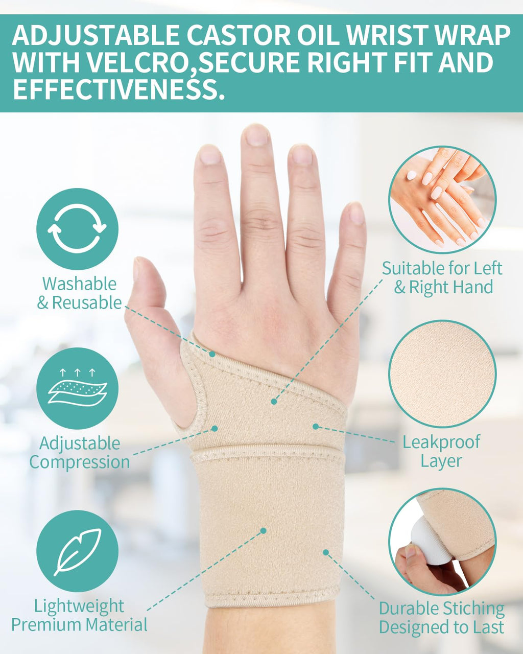 Castor Oil Pack Wrap for Wrist – Carpal Tunnel Relief, Adjustable Wrist Support
