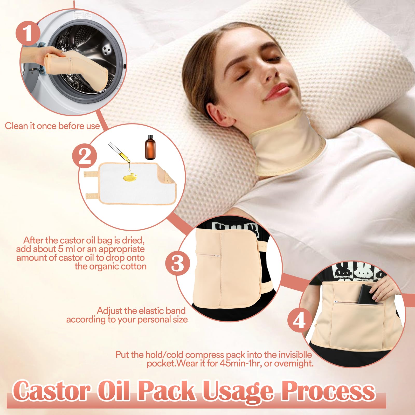 Castor Oil Pack Wrap - 8 Pcs, Reusable Organic Cotton with Adjustable Straps (Khaki)