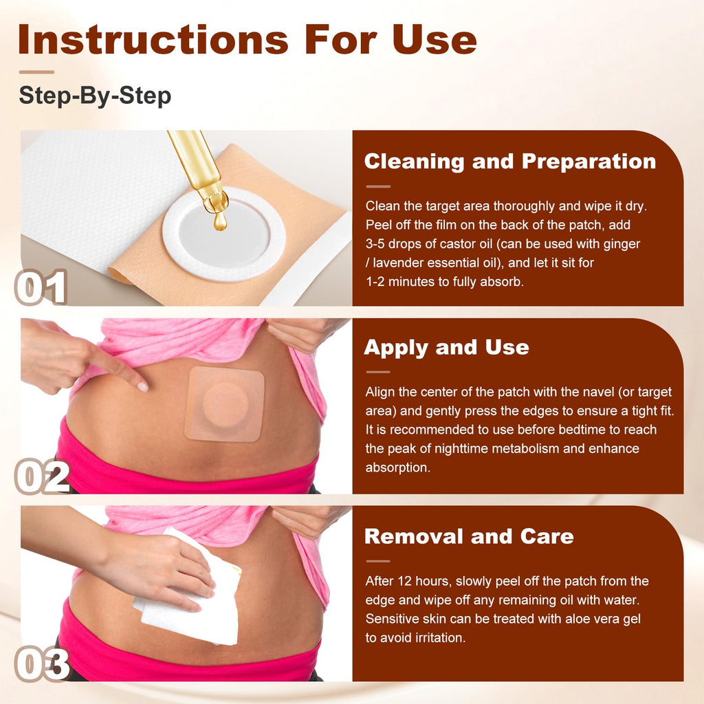 Castor Oil Patches – 50PCS Disposable Leak-Proof Belly Button Patches, Organic Cotton, Highly Absorbent, Breathable & Comfortable