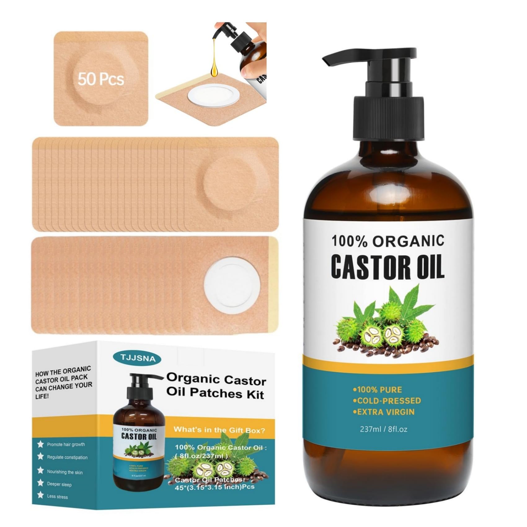 Organic Castor Oil Patches Kit – 50 Pack, 8oz Cold-Pressed, Hexane-Free