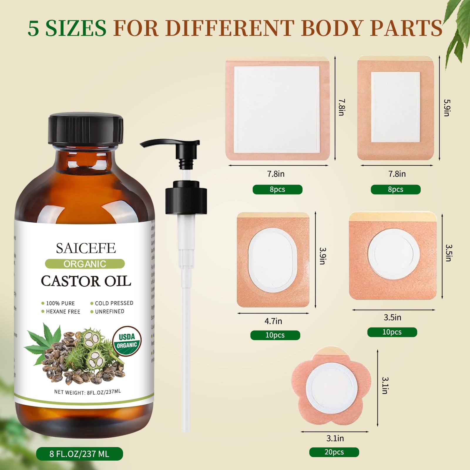 56pcs Castor Oil Patches Kit - Organic Cold-Pressed Castor Oil (8oz) + Eyelash Kit