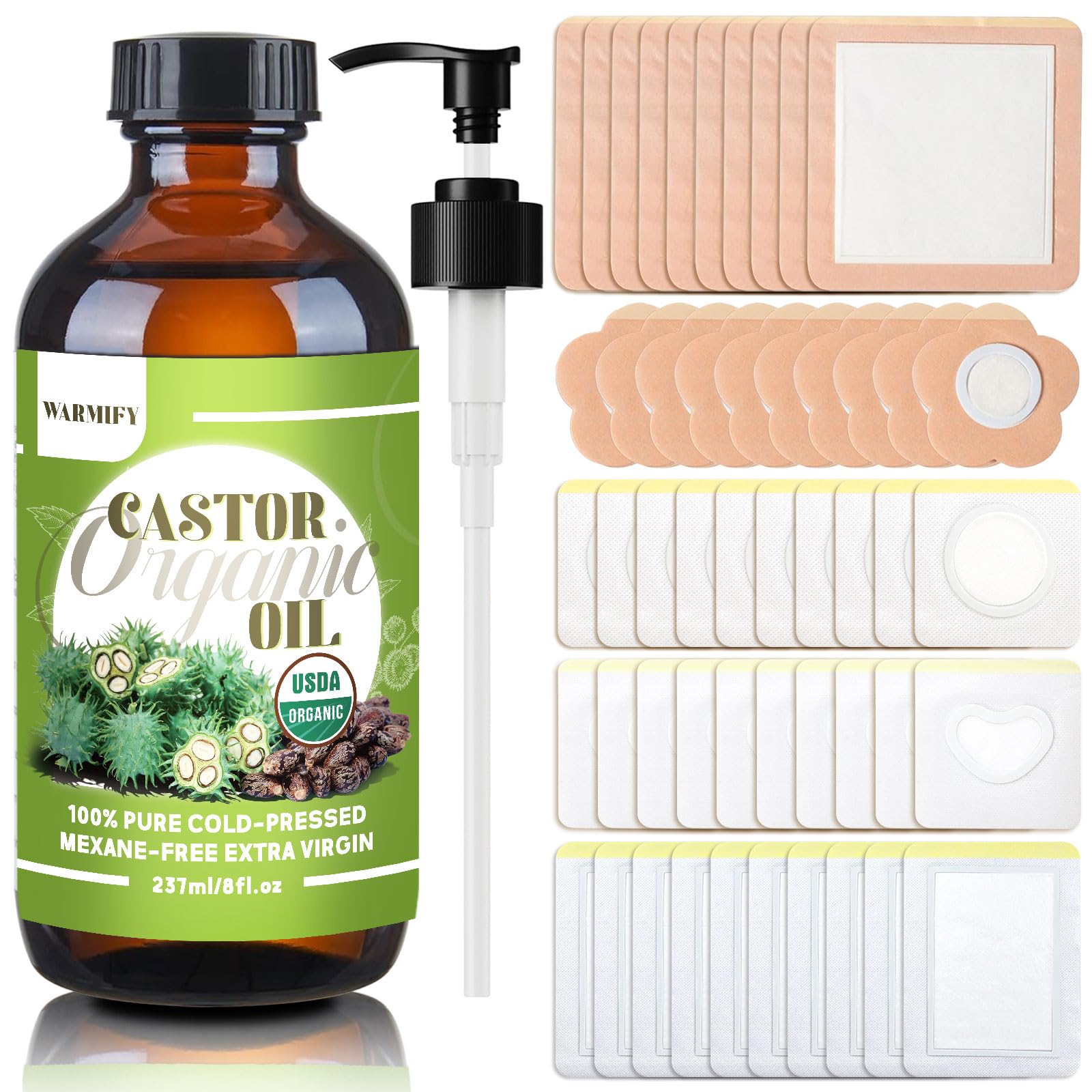 Castor Oil Patches Kit – 50 Patches + 8oz Organic Cold-Pressed Castor Oil