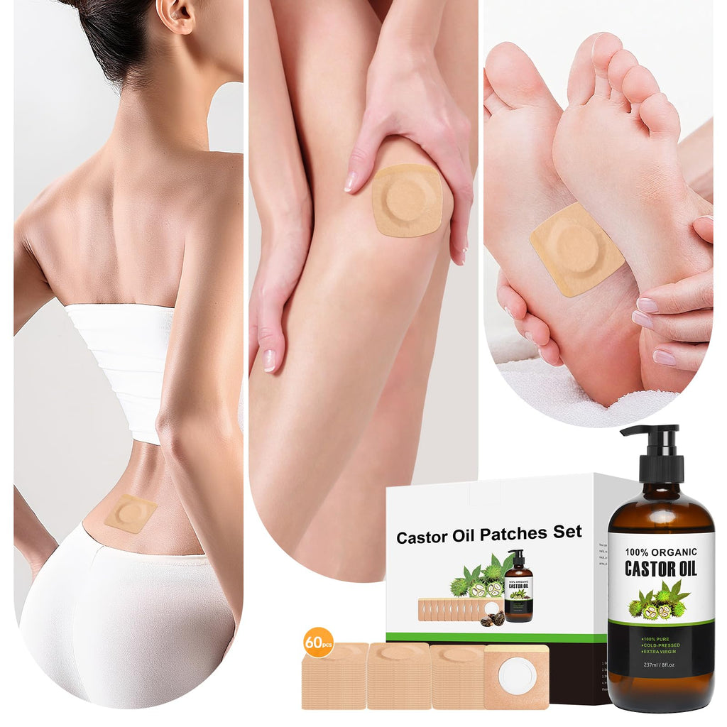 60 Pcs Castor Oil Pack Kit – Self-Adhesive Patches + 8oz Organic Castor Oil
