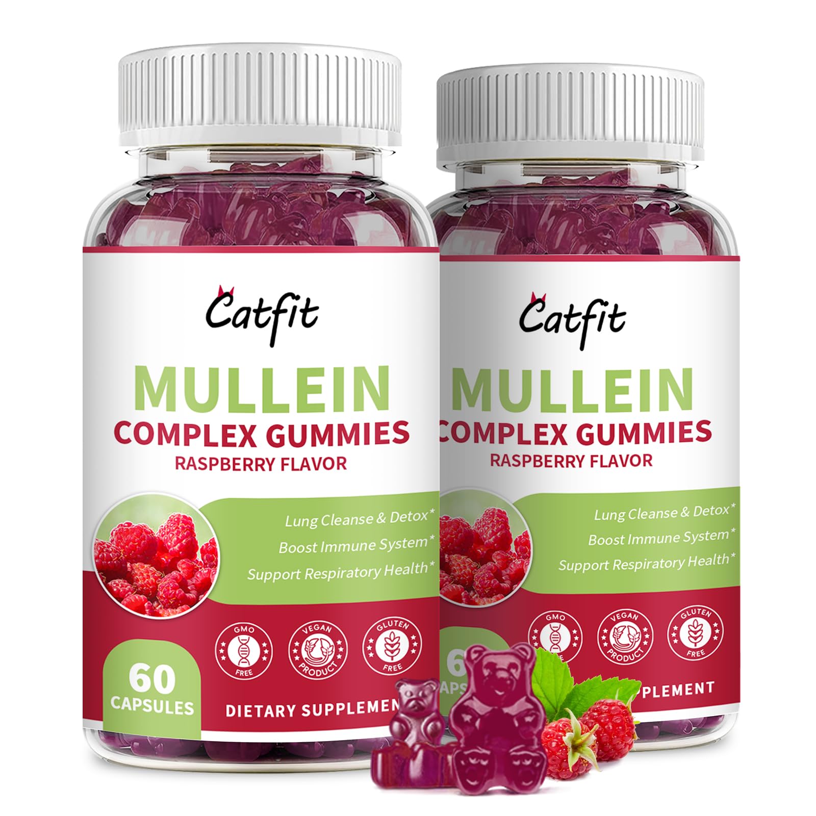 Catfit Mullein Gummies for Lungs – 2 Pack, Raspberry, Quercetin & Elderberry | 60 Gummies