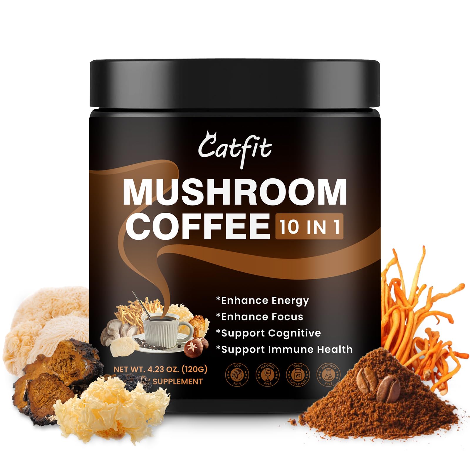 Catfit Mushroom Coffee Powder — 10-Mushroom Blend with Lion's Mane, Chaga, Cordyceps | 37 Servings