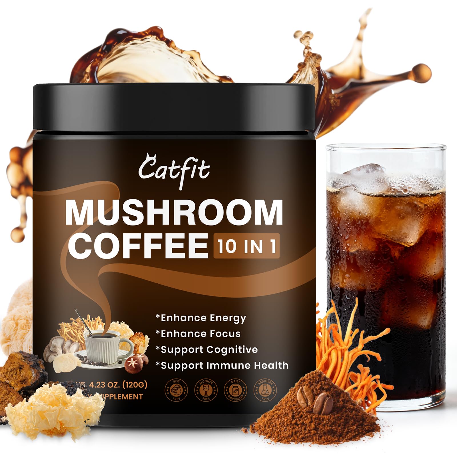 Catfit Mushroom Coffee Powder — 10-Mushroom Blend with Lion's Mane, Chaga, Cordyceps | 37 Servings