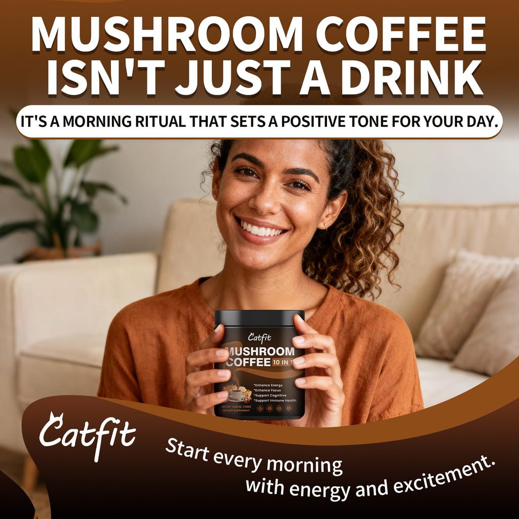 Catfit Mushroom Coffee Powder — 10-Mushroom Blend with Lion's Mane, Chaga, Cordyceps | 37 Servings