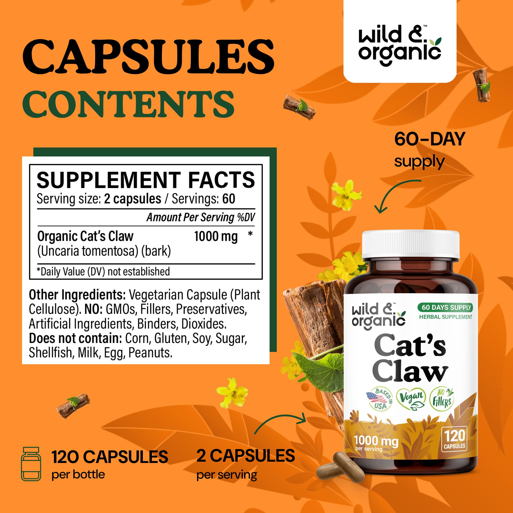 Wild & Organic Cat's Claw Capsules 1000 mg – 60 Day Immune Support