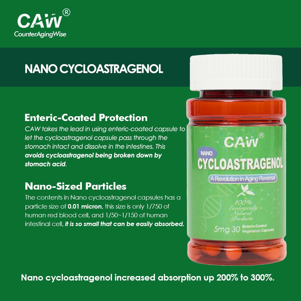CAW Nano Cycloastragenol 98% 5mg 30 Caps | Anti-Aging Telomere Plus | Non-GMO, Made in USA | Better Absorption | Enteric-Coated Vegetarian Capsules (6 Bottles)