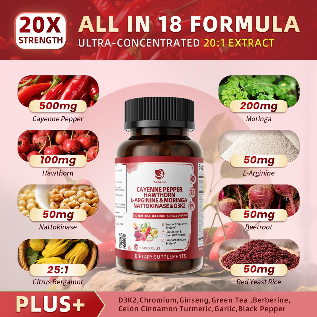 Cayenne Pepper Enteric-Coated Capsules – 18-in-1 Complex (90 Ct) with Moringa, L-Arginine & D3K2 | Supports Circulation & Digestion
