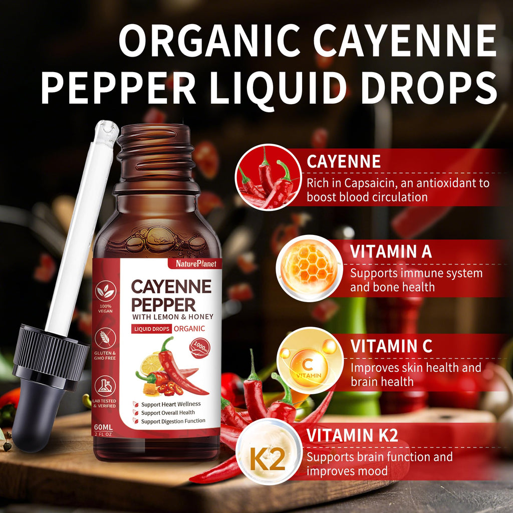 Cayenne Pepper Drops with Lemon & Honey – Vascu Flow with A, C & K2 | Heart Health | Vegan, Gluten-Free, Organic | 60 ml