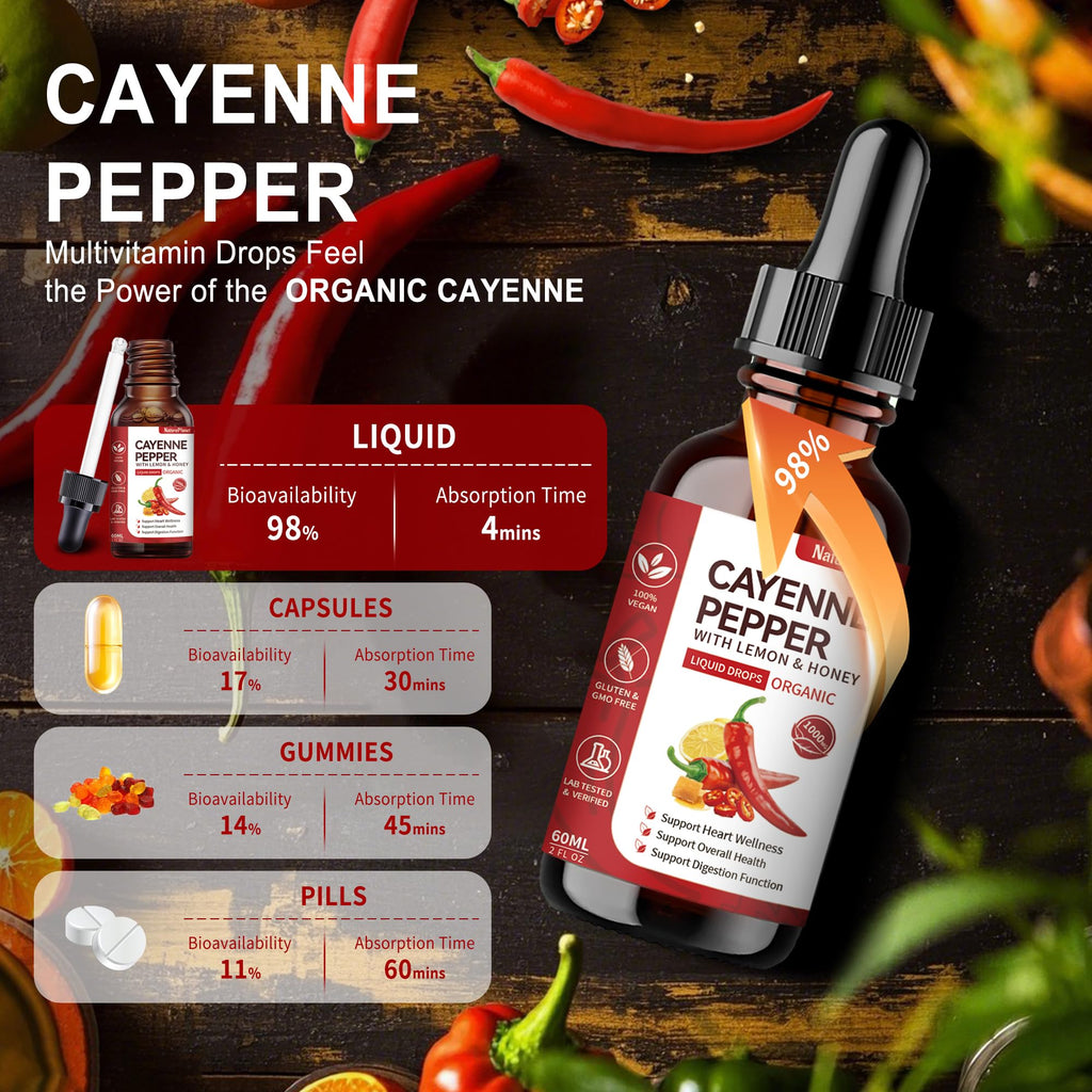 Cayenne Pepper Drops with Lemon & Honey – Vascu Flow with A, C & K2 | Heart Health | Vegan, Gluten-Free, Organic | 60 ml