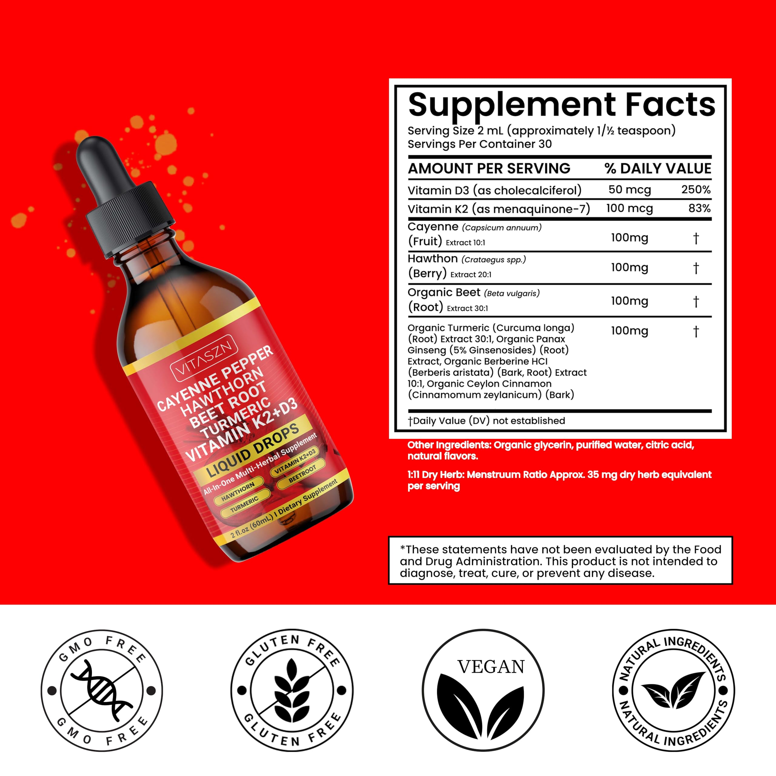 Cayenne Pepper Drops - Liquid Supplement with Hawthorn, D3+K2, Beet Root, Turmeric, Cinnamon, Ginseng & Berberine (2oz/60ml) Vegan