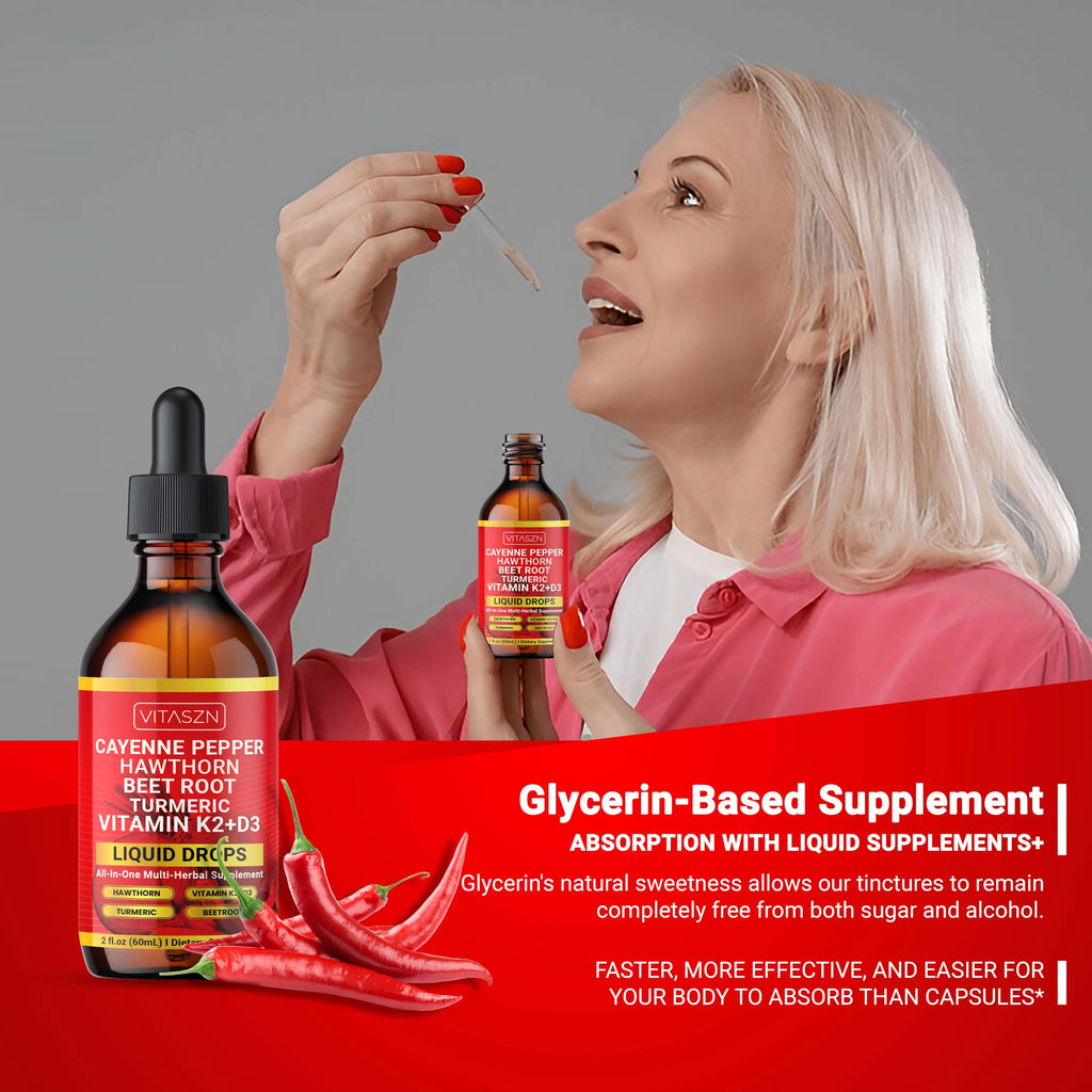 Cayenne Pepper Drops - Liquid Supplement with Hawthorn, D3+K2, Beet Root, Turmeric, Cinnamon, Ginseng & Berberine (2oz/60ml) Vegan