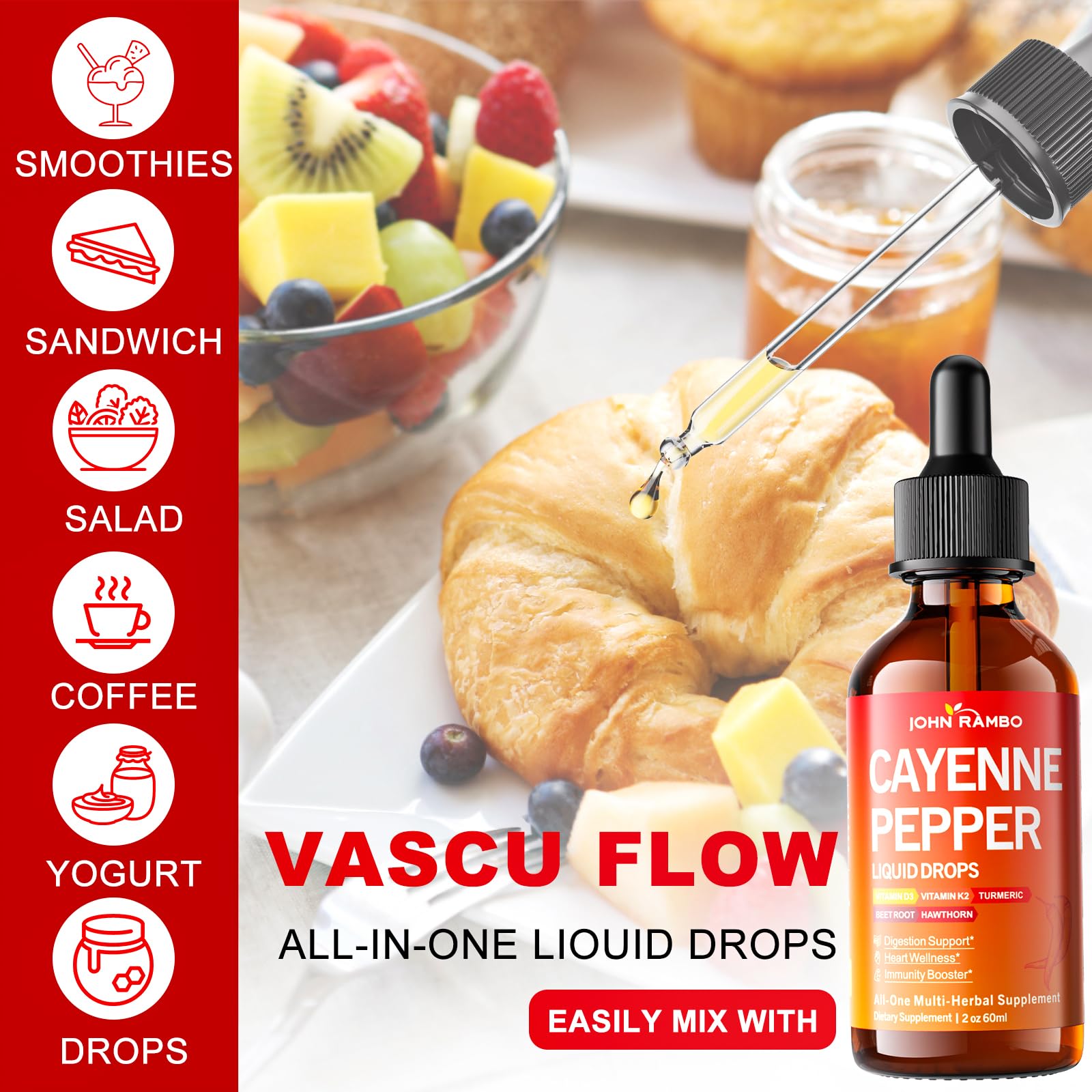 Cayenne Pepper Liquid Drops with Hawthorn, Beetroot, Turmeric, Vitamin K2 & D3 – Immune & Circulation Support (Gluten Free, 2 Fl Oz)