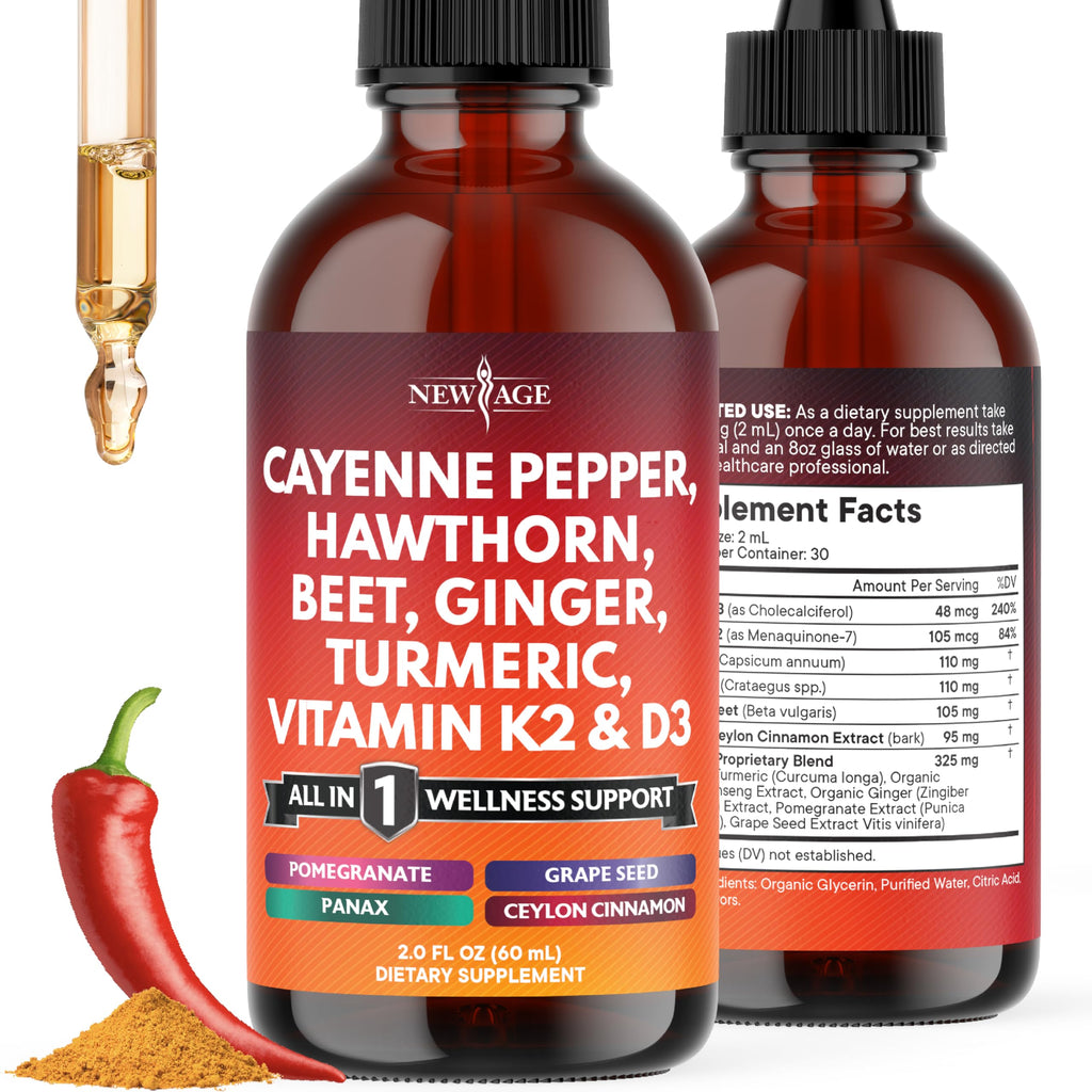 Cayenne Pepper Liquid Drops with Hawthorn Berry, D3 K2, Beet Root Powder, Cinnamon, Turmeric & Ginseng - 2oz