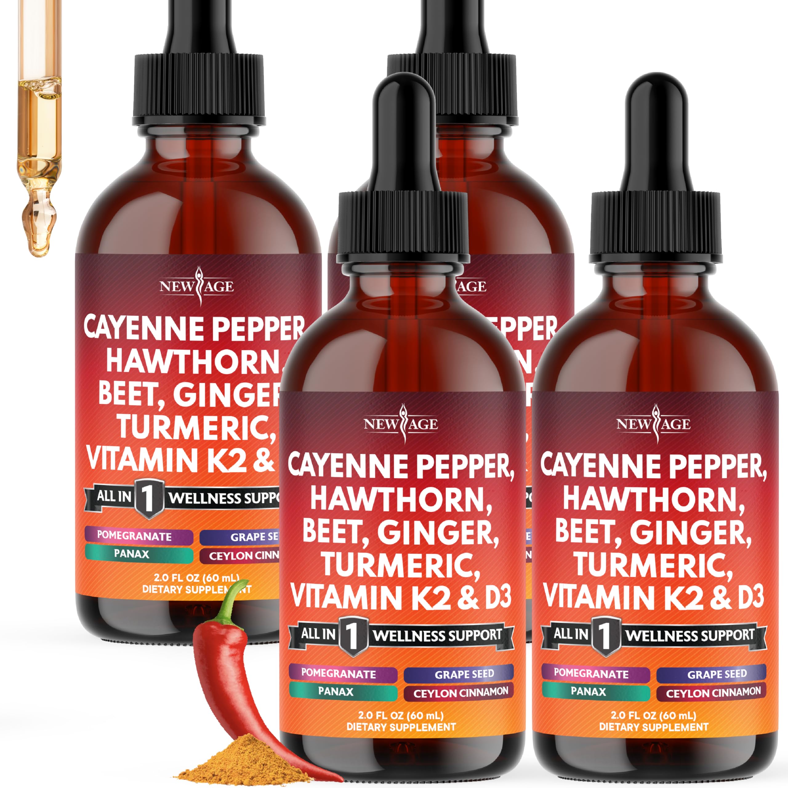 NEW AGE Cayenne Pepper Liquid Drops with Hawthorn Berry, D3 K2, Beet Root, Cinnamon, Turmeric, and Ginseng – 8 oz