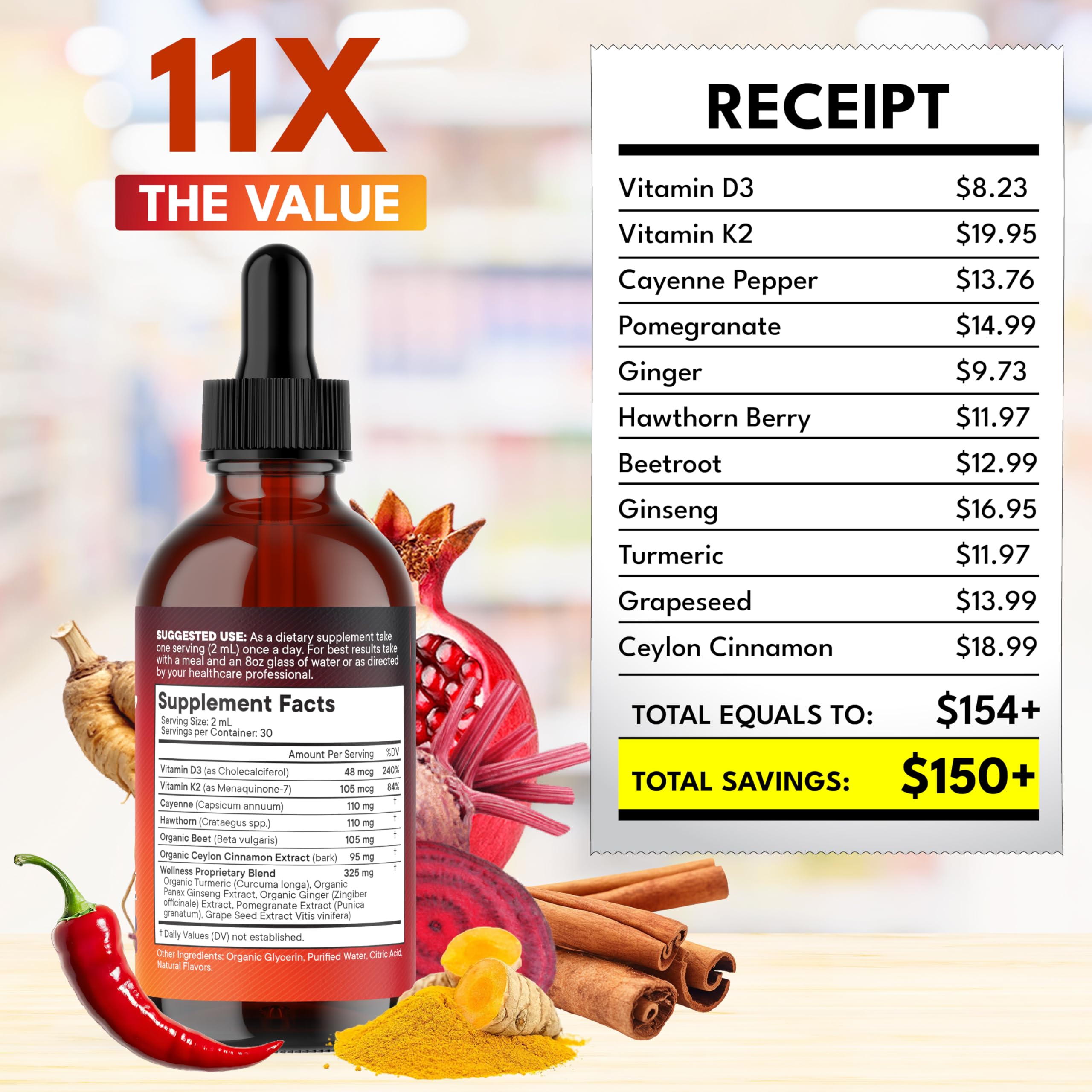 NEW AGE Cayenne Pepper Liquid Drops with Hawthorn Berry, D3 K2, Beet Root, Cinnamon, Turmeric, and Ginseng – 8 oz