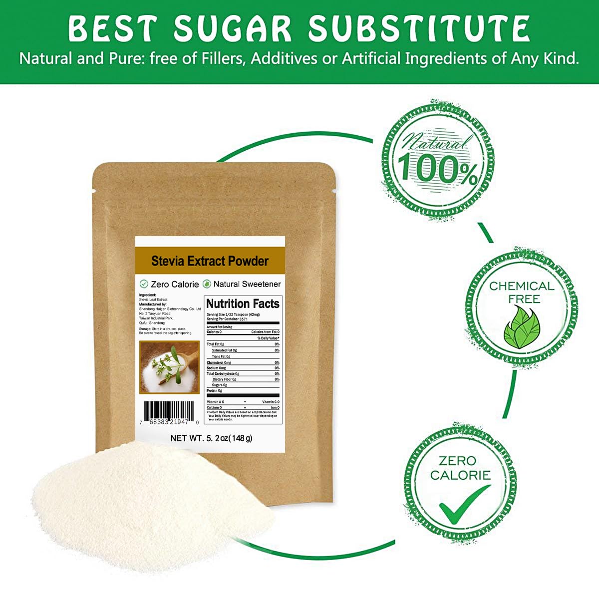 CCnature Pure Stevia Extract Powder 148g (5.2oz) - Zero Calorie, No Erythritol