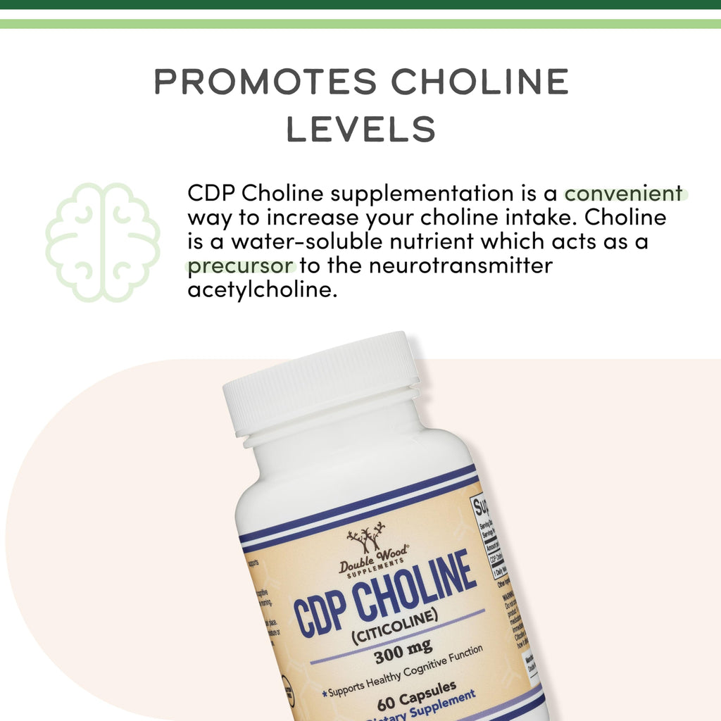 Double Wood Supplements CDP Choline (Citicoline) – Pharmaceutical Grade, Third-Party Tested, 60 Capsules per Bottle, Pack of 2