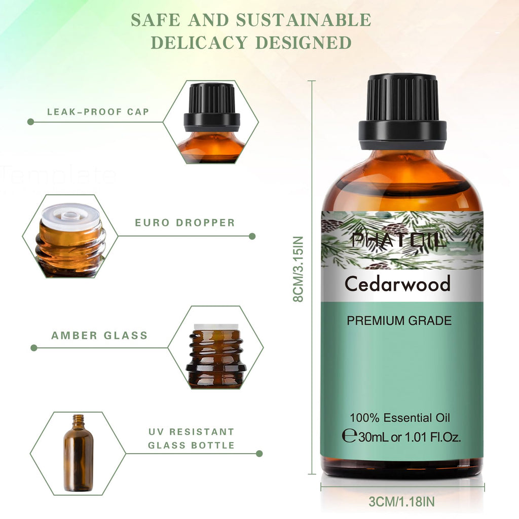 Cedarwood Essential Oil 30ml | PHATOIL Pure Essential Oil Singles for Aromatherapy, Diffusers & DIY Crafts