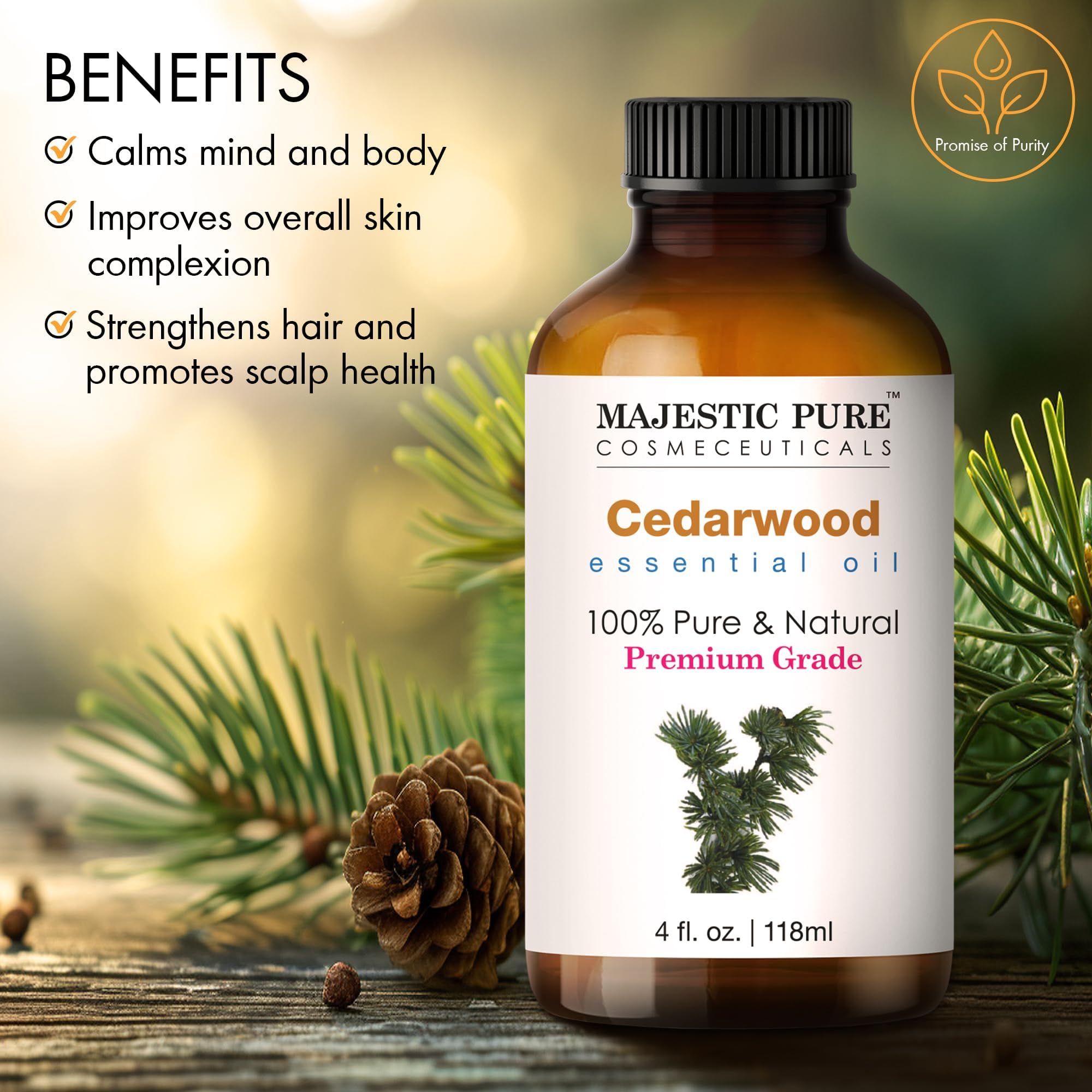 Majestic Pure Cedarwood Essential Oil with Glass Dropper – 100% Pure & Natural – 4 Fl Oz