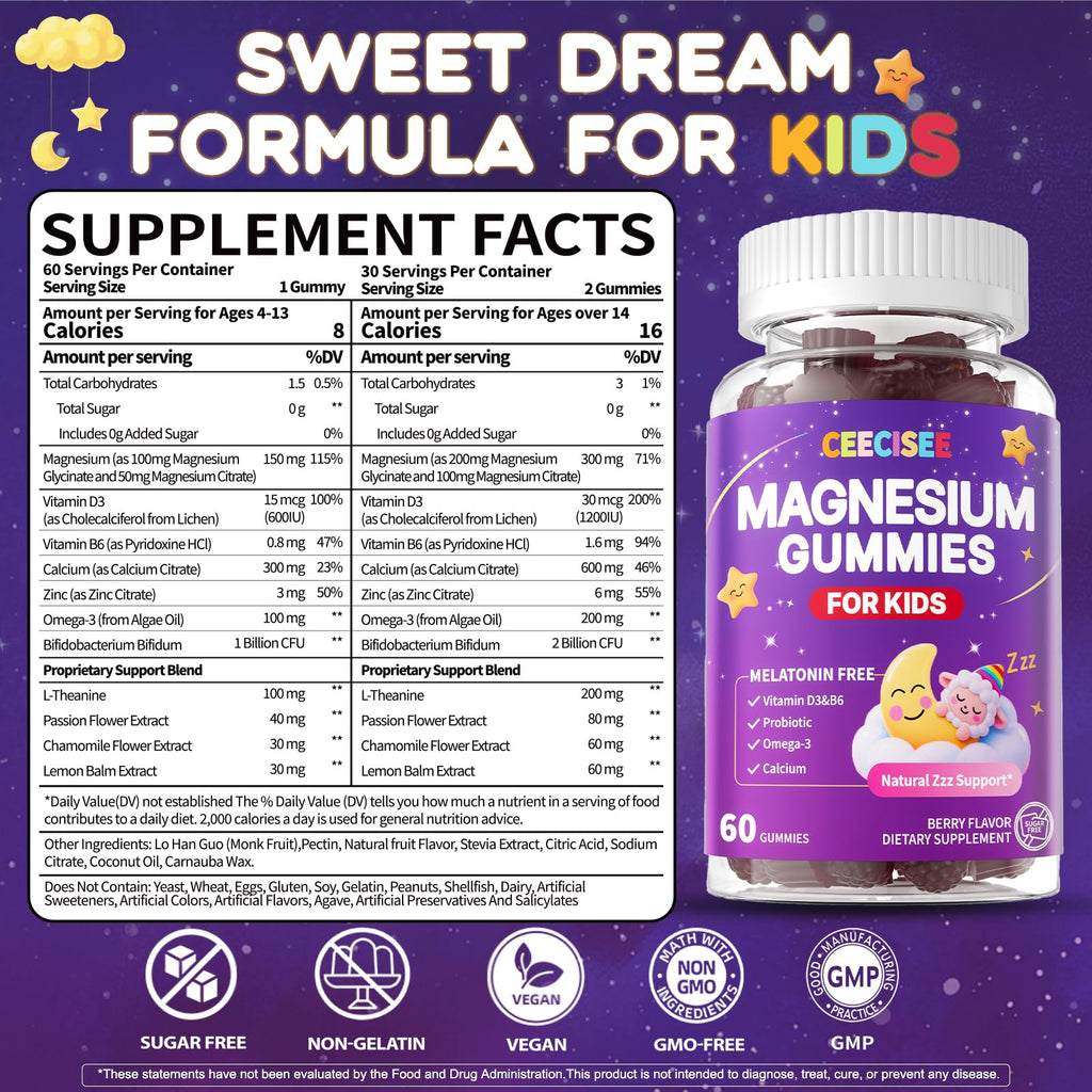 CEECISEE Magnesium Gummies for Kids 4+ | Organic Chewable Magnesium with B6, D3, Zinc + L-Theanine | Zzz Aid