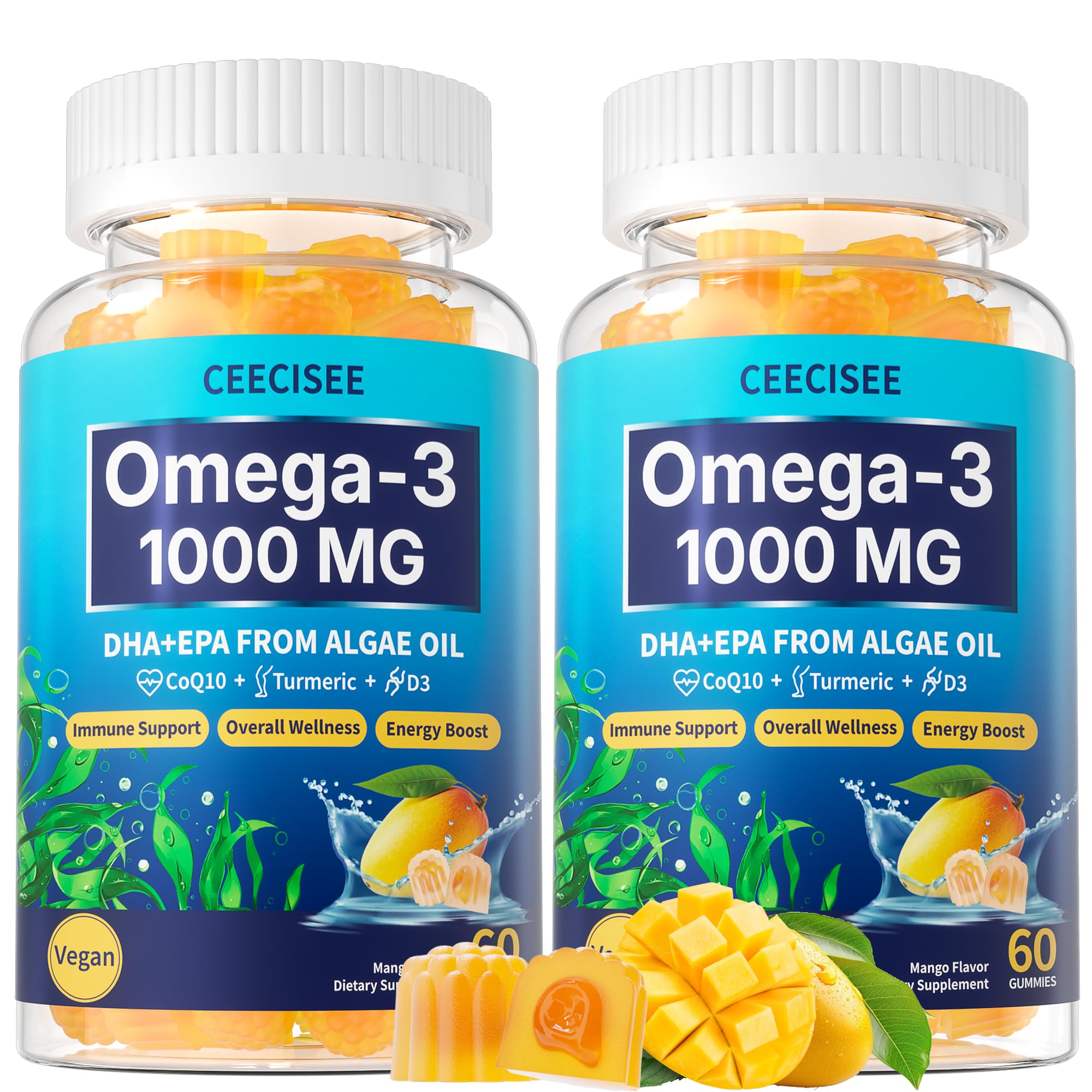 Ceecisee Vegan Omega-3 Gummies 1000mg – Algae DHA 600mg / EPA 300mg + Vitamin D3