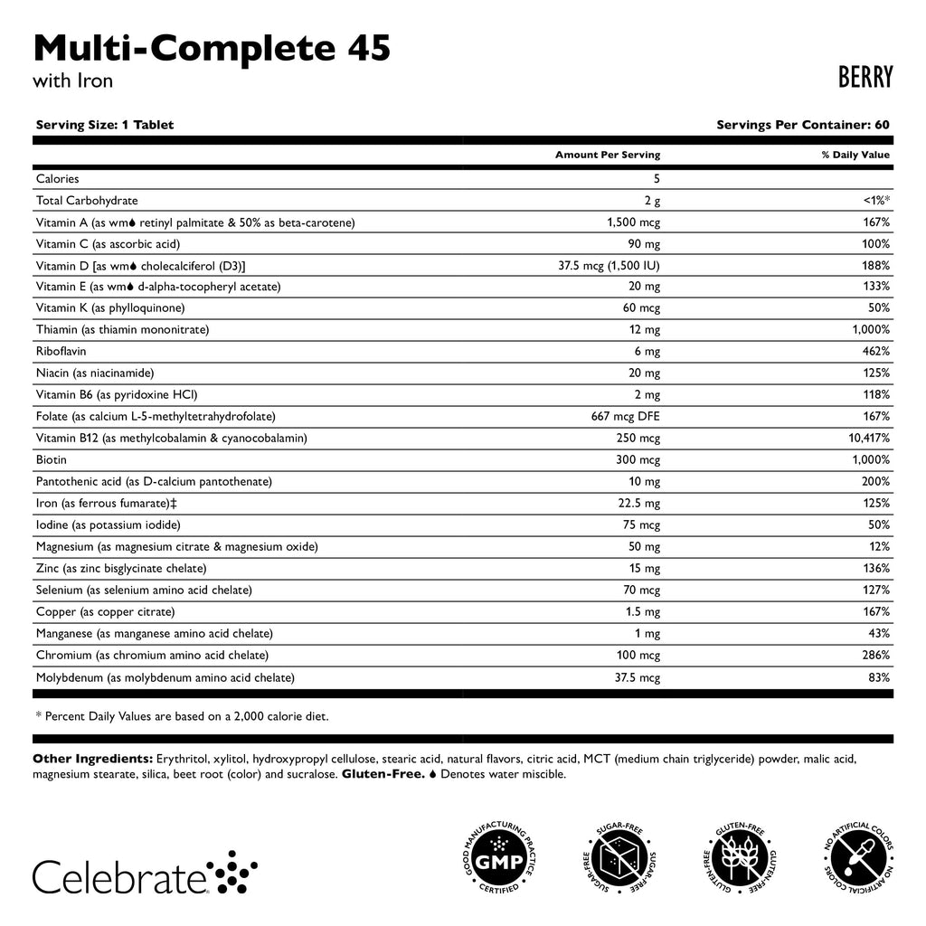 Celebrate Vitamins Multi-Complete Chewables – 45mg Iron | Bariatric Multivitamin for Sleeve Gastrectomy & Gastric Bypass (Berry, 60 Tablets)