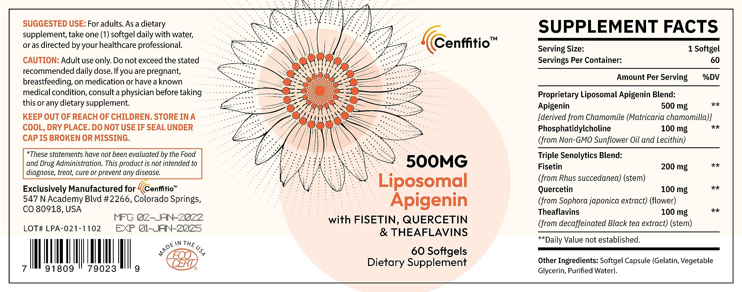 Cenffitio Liposomal Apigenin 500mg Softgels - Sleep Support & Senolytics (60 ct)