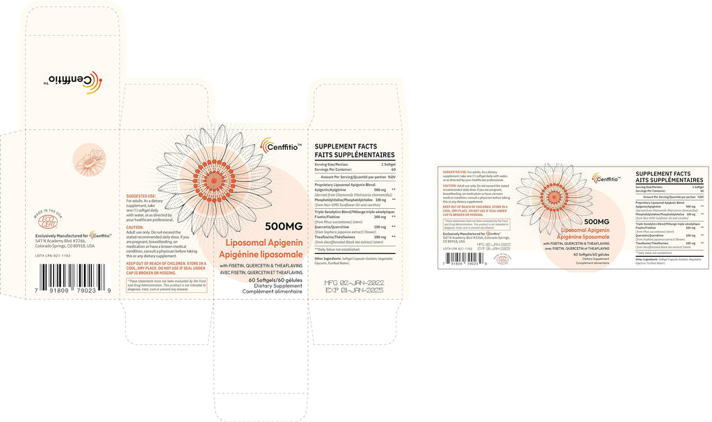 Cenffitio Liposomal Apigenin 500mg Softgels — Enhanced Absorption with Fisetin, Quercetin & Theaflavins (4-Month Supply)