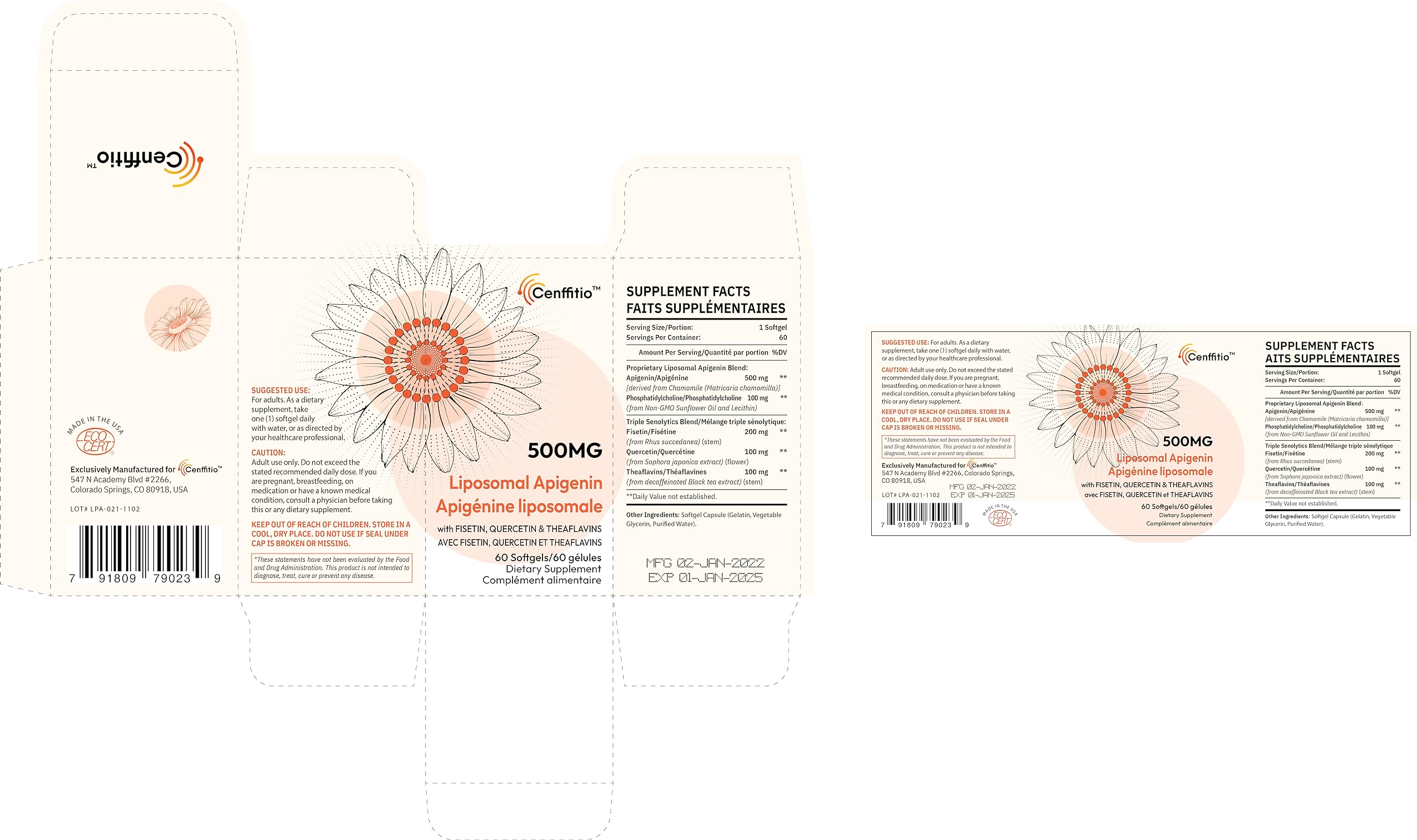 Cenffitio Liposomal Apigenin 500mg Softgels — Enhanced Absorption with Fisetin, Quercetin & Theaflavins (4-Month Supply)