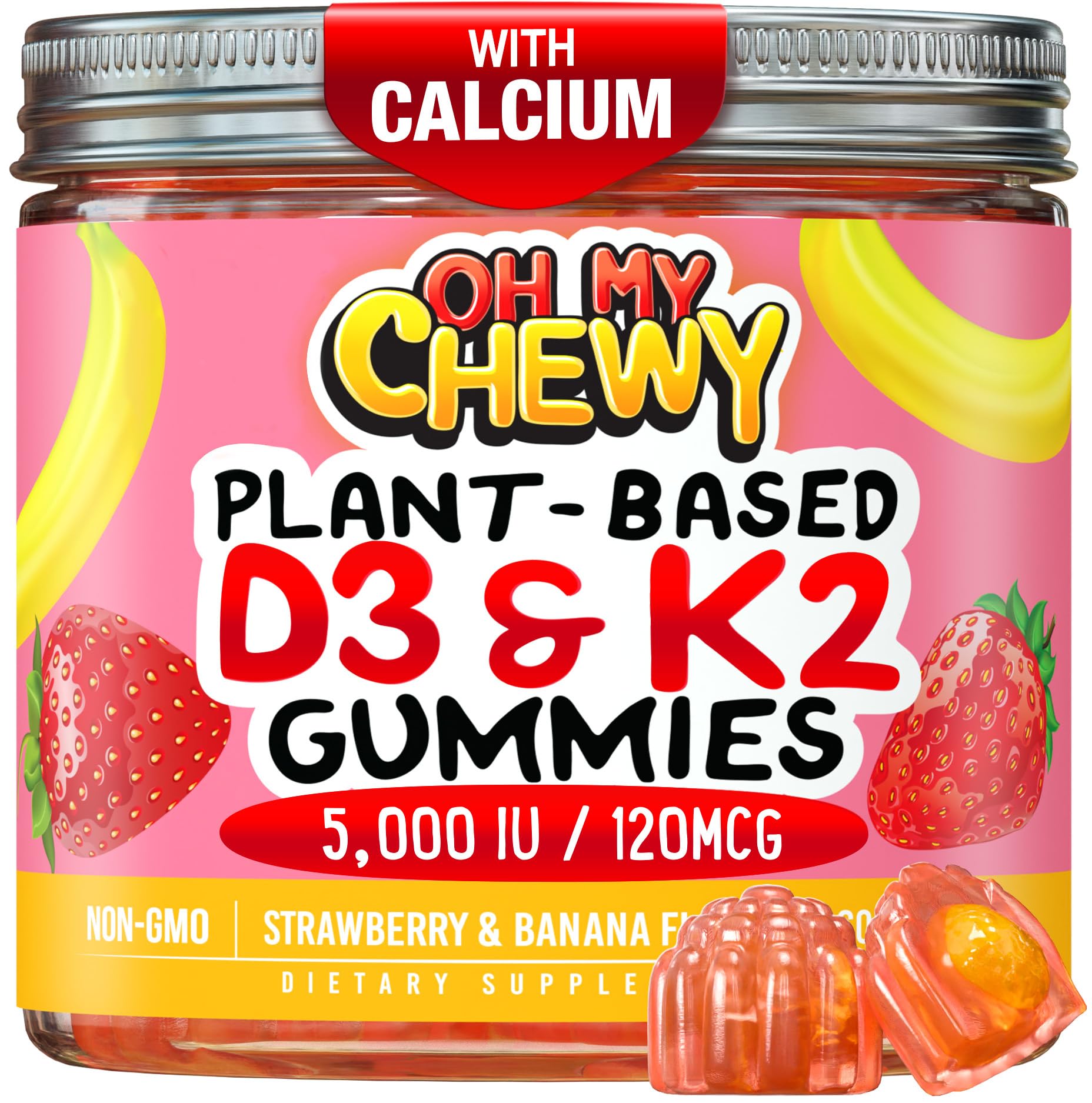 Center-Filled Vitamin D3 K2 Gummies - 60 Count | 5000 IU D3, 120 mcg K2, 120 mg Calcium - Vegan & Non-GMO