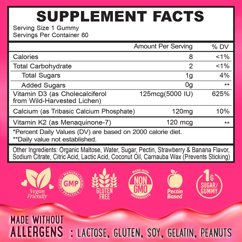 Center-Filled Vitamin D3 K2 Gummies - 60 Count | 5000 IU D3, 120 mcg K2, 120 mg Calcium - Vegan & Non-GMO