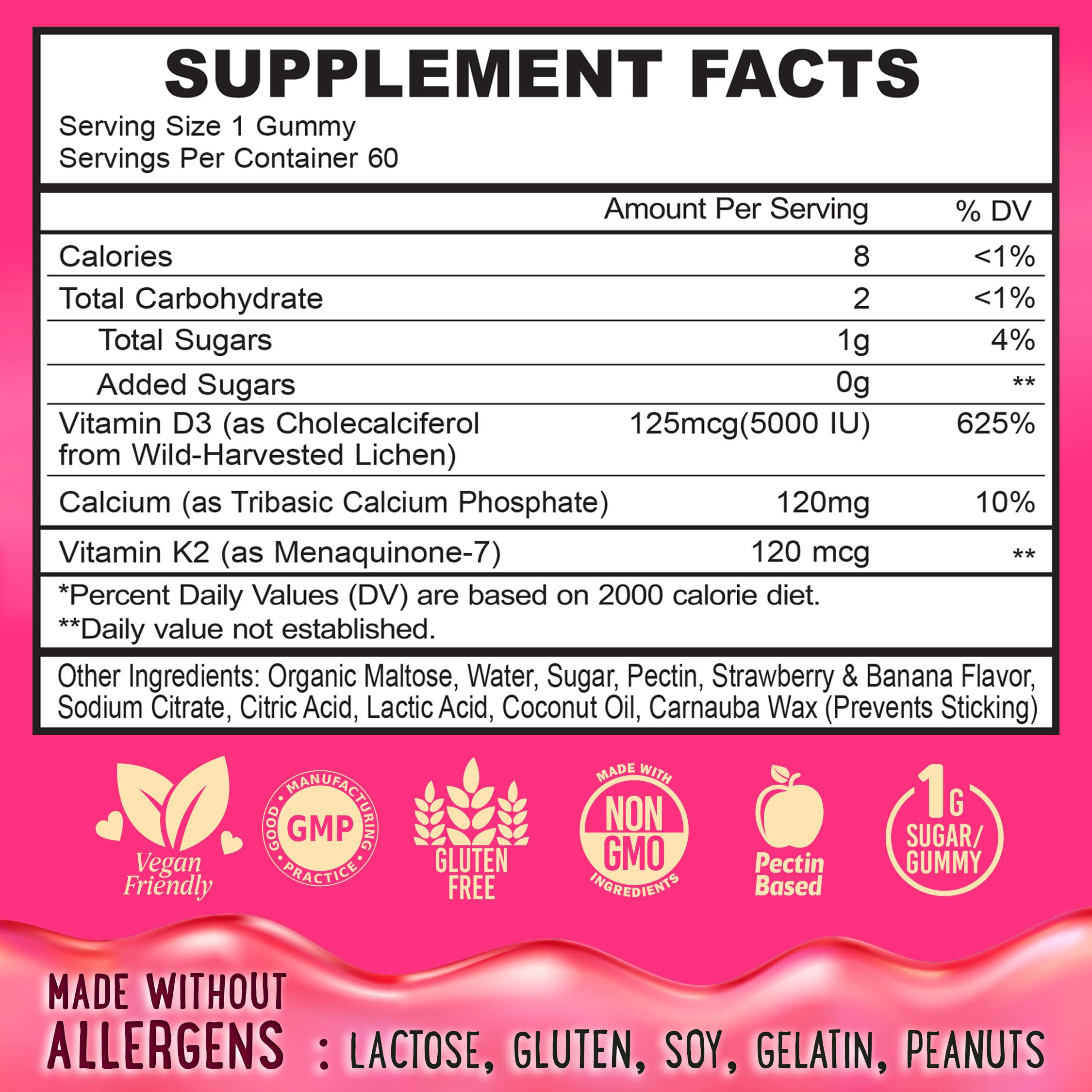 Center-Filled Vitamin D3 K2 Gummies - 60 Count | 5000 IU D3, 120 mcg K2, 120 mg Calcium - Vegan & Non-GMO