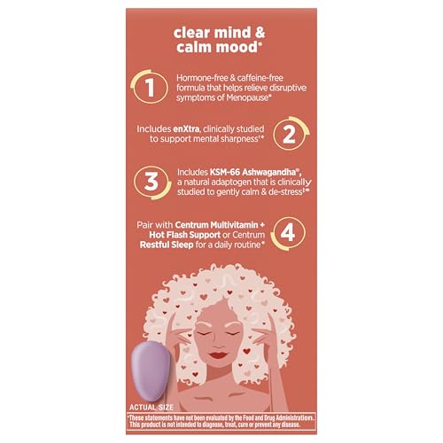 Centrum Clear Mind & Calm Mood Menopause Support Tablets – EnXtra & KSM-66, 30 Count