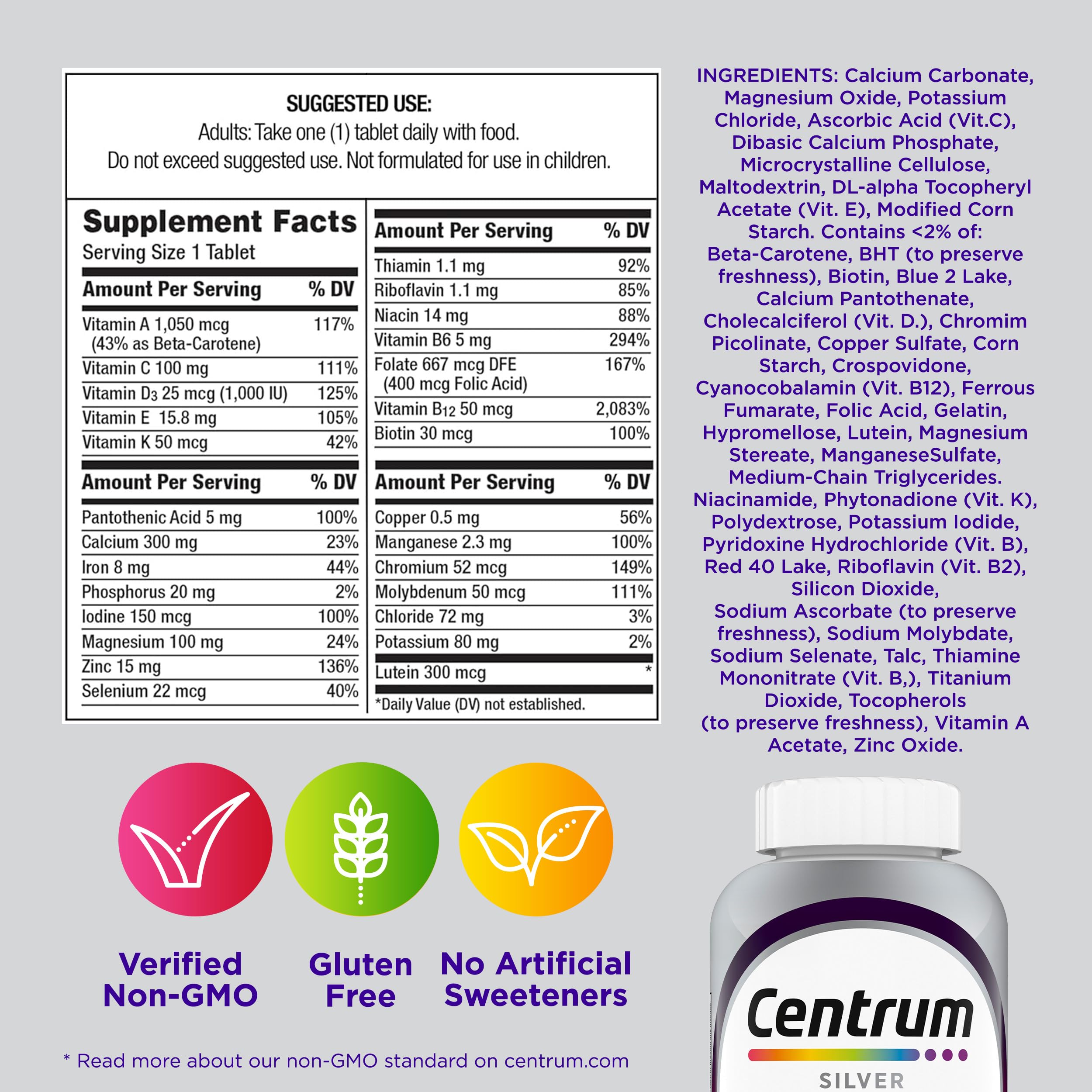 Centrum Silver Women's Multivitamin 50+ | Memory, Bone & Heart Health | Non-GMO | 65 Count