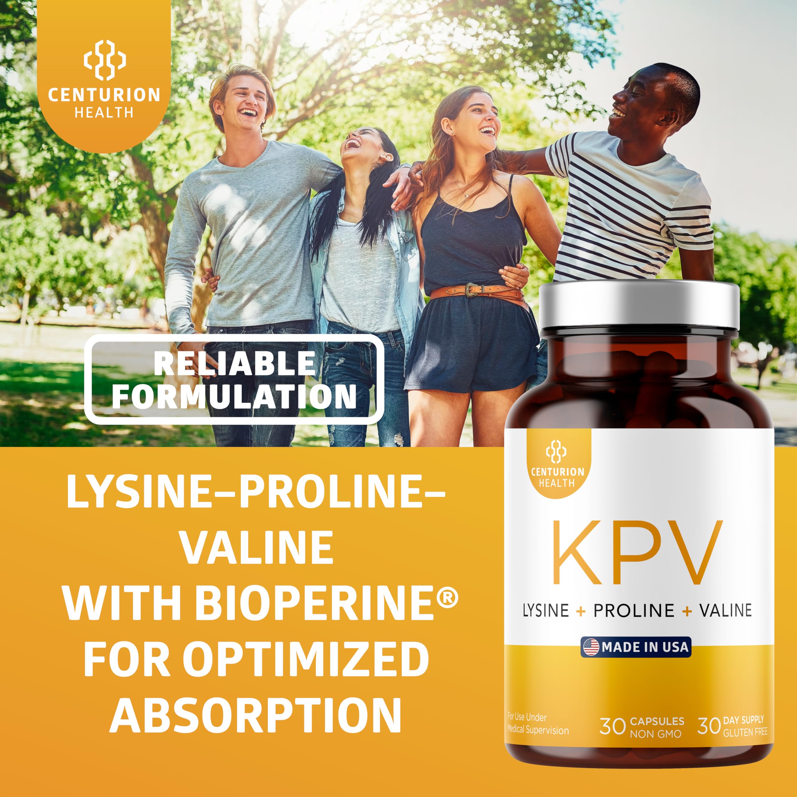 Centurion Labs KPV Supplement: Lysine-Proline-Valine Peptide with BioPerine, 500mcg per Serving, 30 Capsules