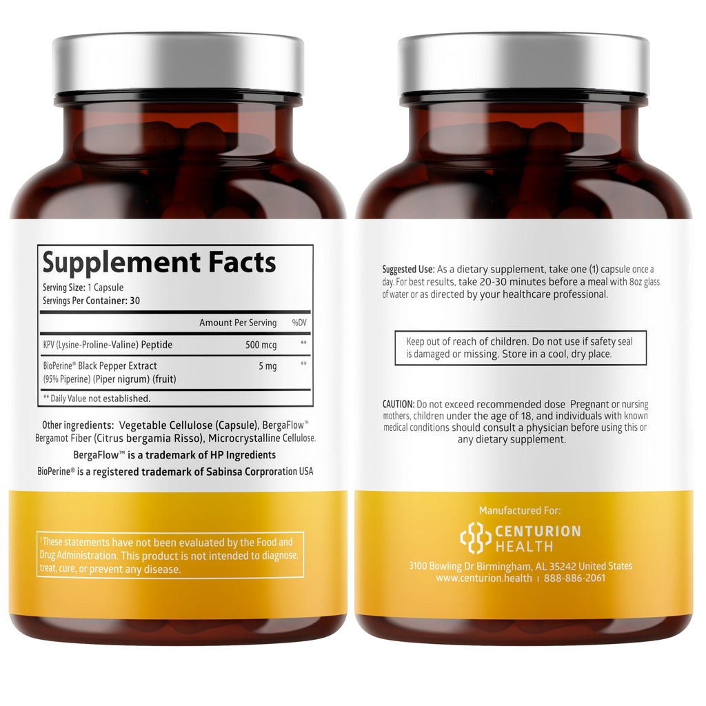 Centurion Labs KPV Supplement: Lysine-Proline-Valine Peptide with BioPerine, 500mcg per Serving, 30 Capsules