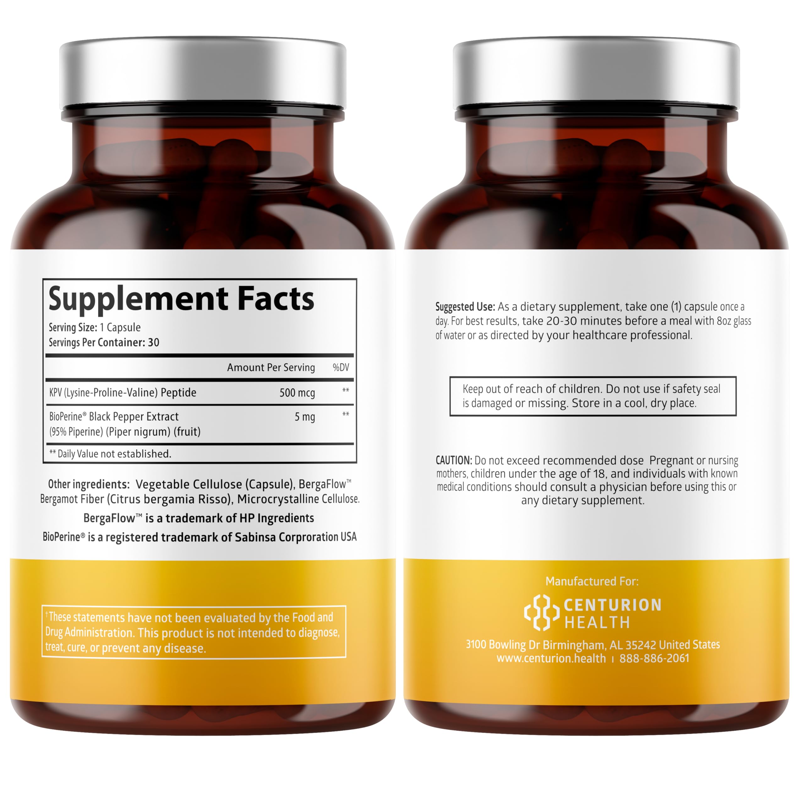 Centurion Labs KPV Supplement: Lysine-Proline-Valine Peptide with BioPerine, 500mcg per Serving, 30 Capsules