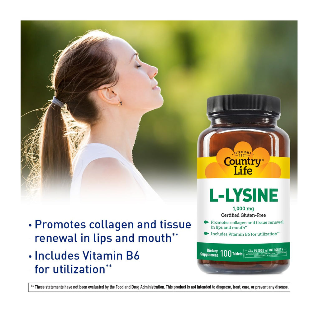 Country Life L-Lysine 1000mg with B-6 – Immune Support, Collagen Renewal, Vegan & Gluten Free (100 Count)