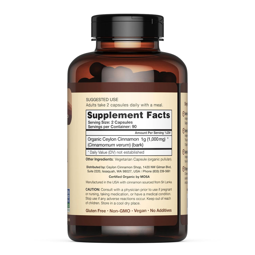 Ceylon Cinnamon Shop: Organic Ceylon Cinnamon Supplement, 180 Capsules (3 Month Supply)