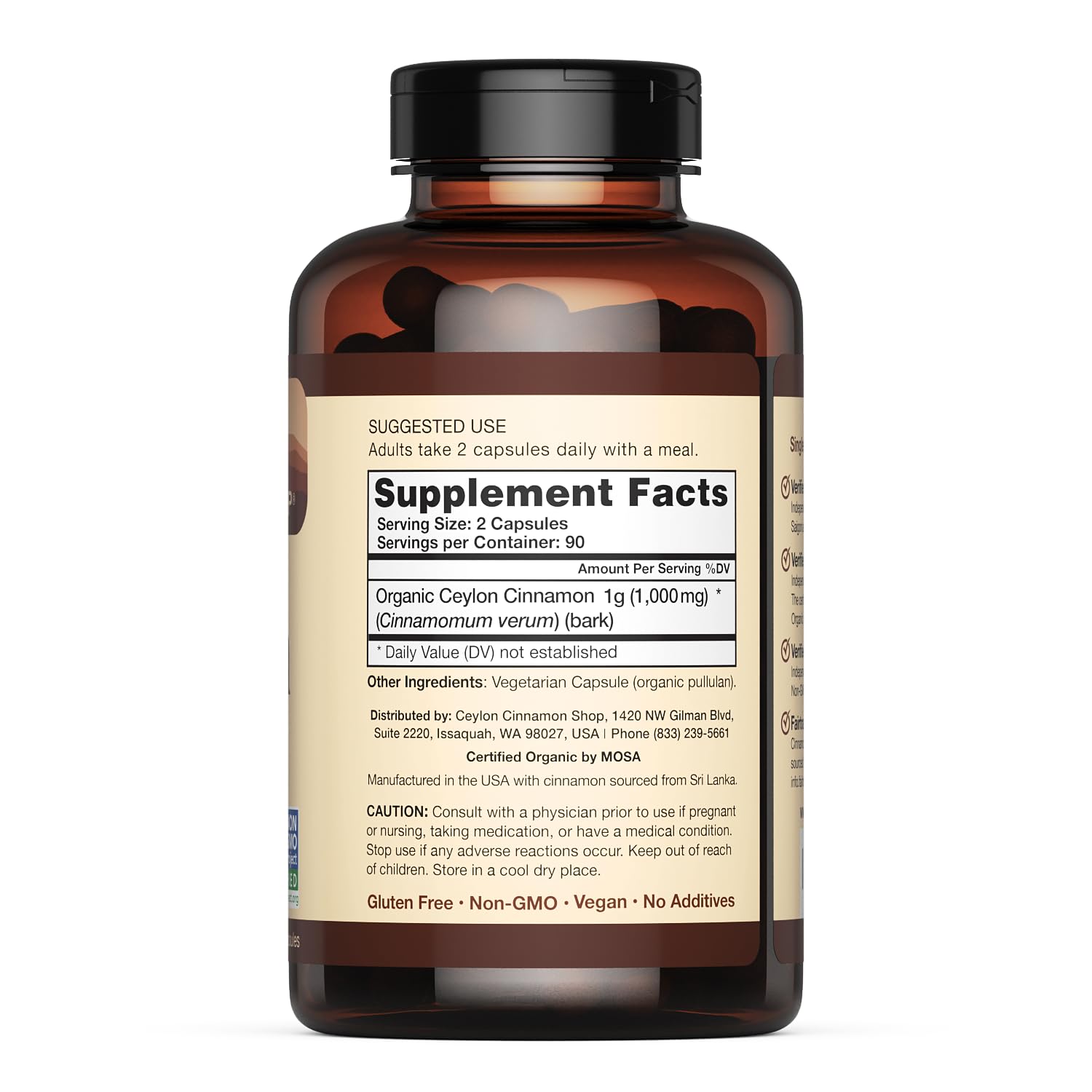 Ceylon Cinnamon Shop: Organic Ceylon Cinnamon Supplement, 180 Capsules (3 Month Supply)